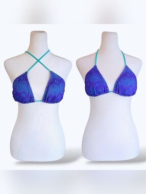 🟣No Boundaries Lace Mesh Overlay Triangle String Bikini Top Small Purple Teal